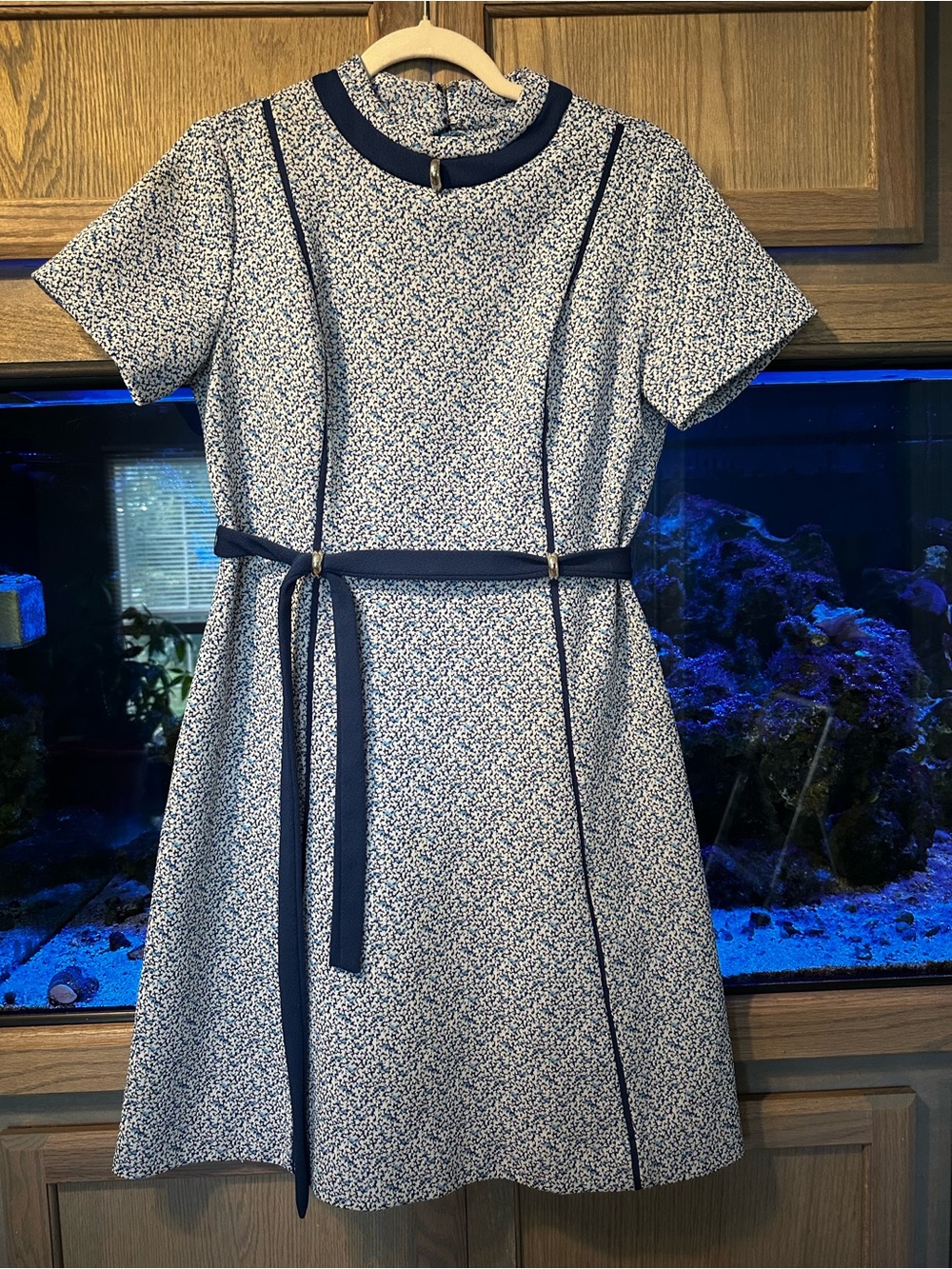 Vintage 70s Secretary Mod Daywear Navy-Trim Short Sleeve A-Line Dress